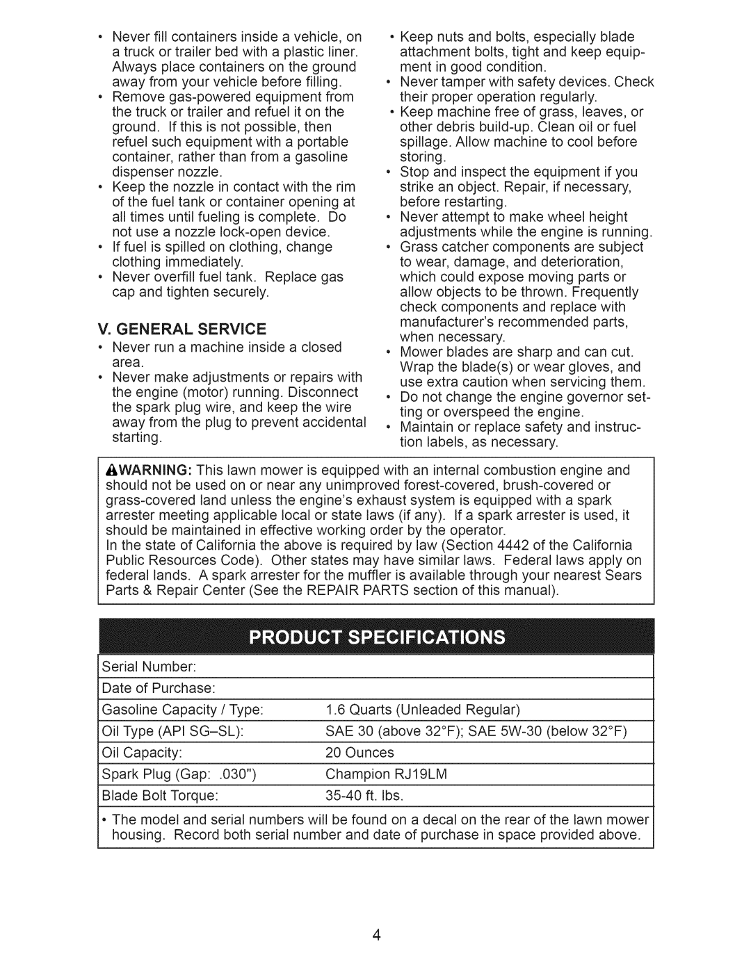 Craftsman 917.370610 owner manual General Service, RJ19LM 