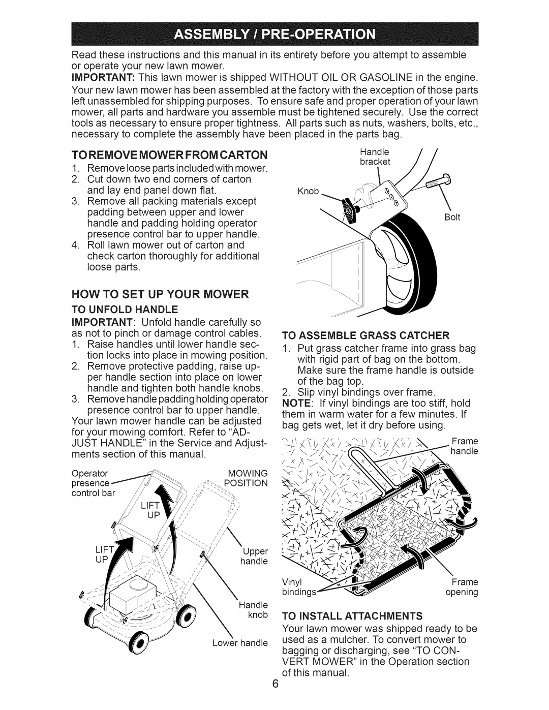 Craftsman 917.370610 To Remove Mower from Carton, To Unfold Handle, To Assemble Grass Catcher, Mowing, Position 