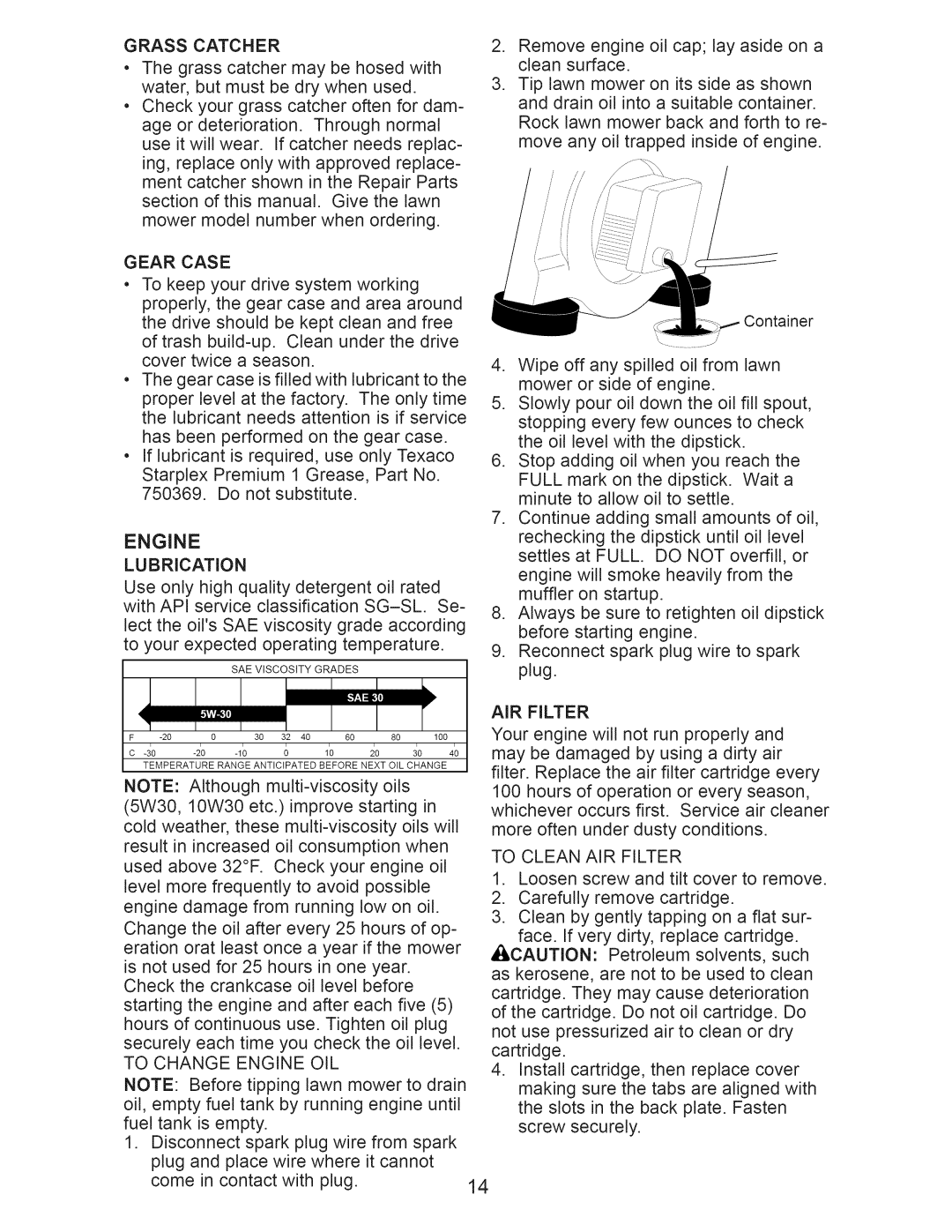 Craftsman 917.370620 owner manual Grass Catcher, Gear Case, To Change Engine OIL, To Clean AIR Filter 