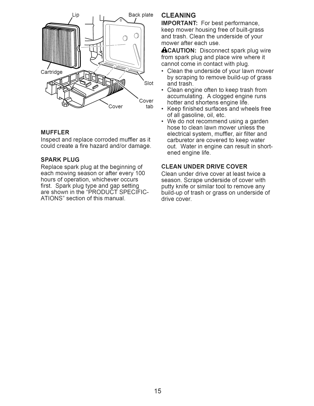 Craftsman 917.370620 owner manual Cleaning, Muffler, Clean Under Drive Cover, Spark Plug 