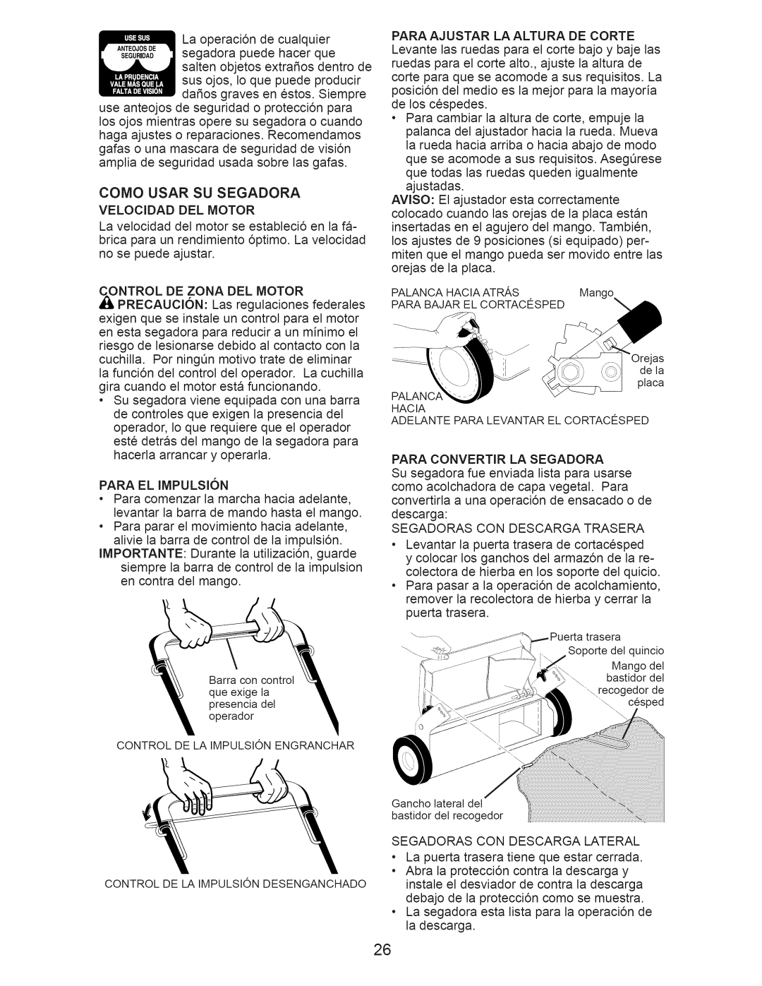 Craftsman 917.370620 owner manual Como Usar SU Segadora, Velocidad DEL Motor 