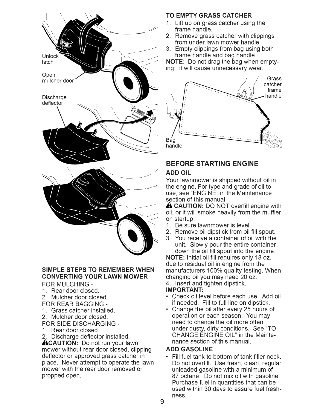 Craftsman 917.370620 Before Starting Engine, To Empty Grass Catcher, For Rear Bagging, Add Oil, ADD Gasoline 