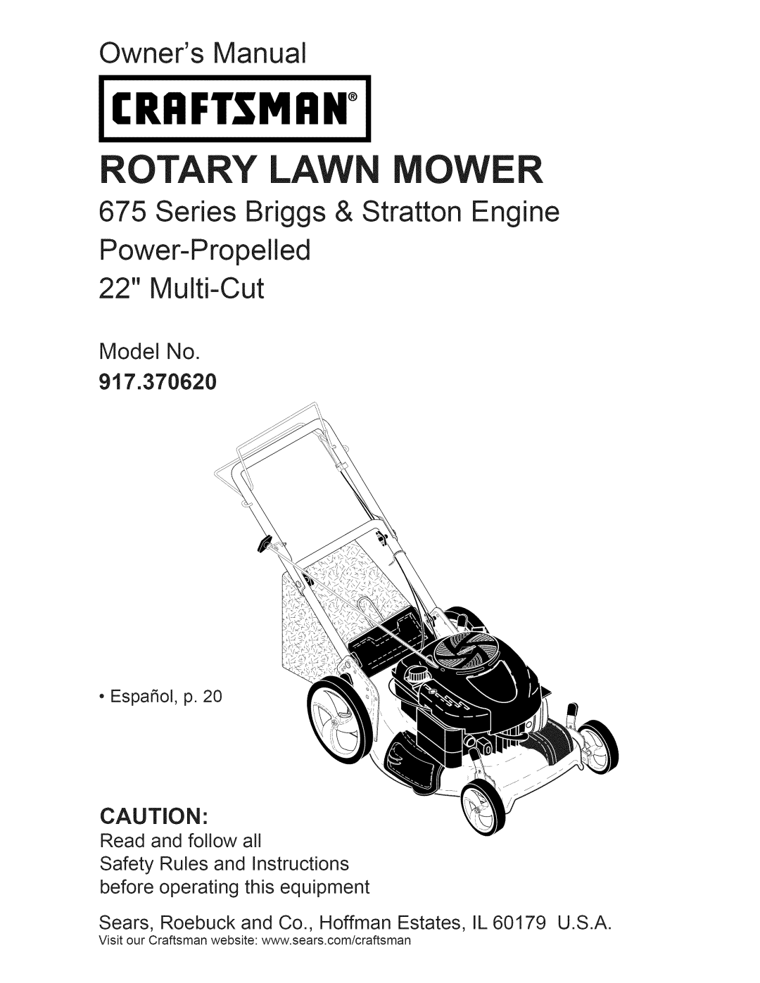 Craftsman 37062 owner manual Owners Manual, Series Briggs & Stratton Engine, Power-Propelled 22 Multi-Cut, Model No 