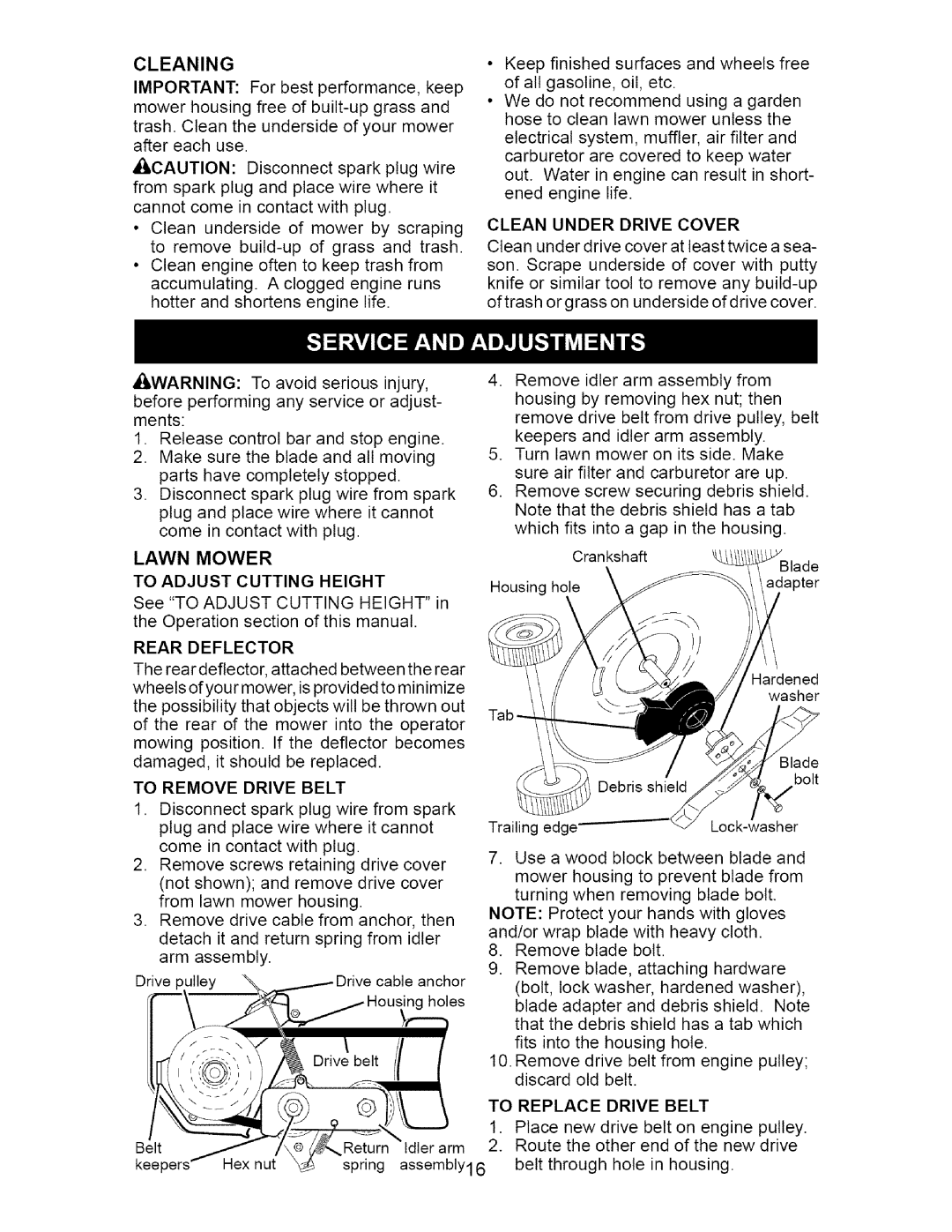 Craftsman 917.37074 manual Cleaning, Lawn Mower To Adjust Cutting Height, Rear Deflector, Clean Under Drive Cover 