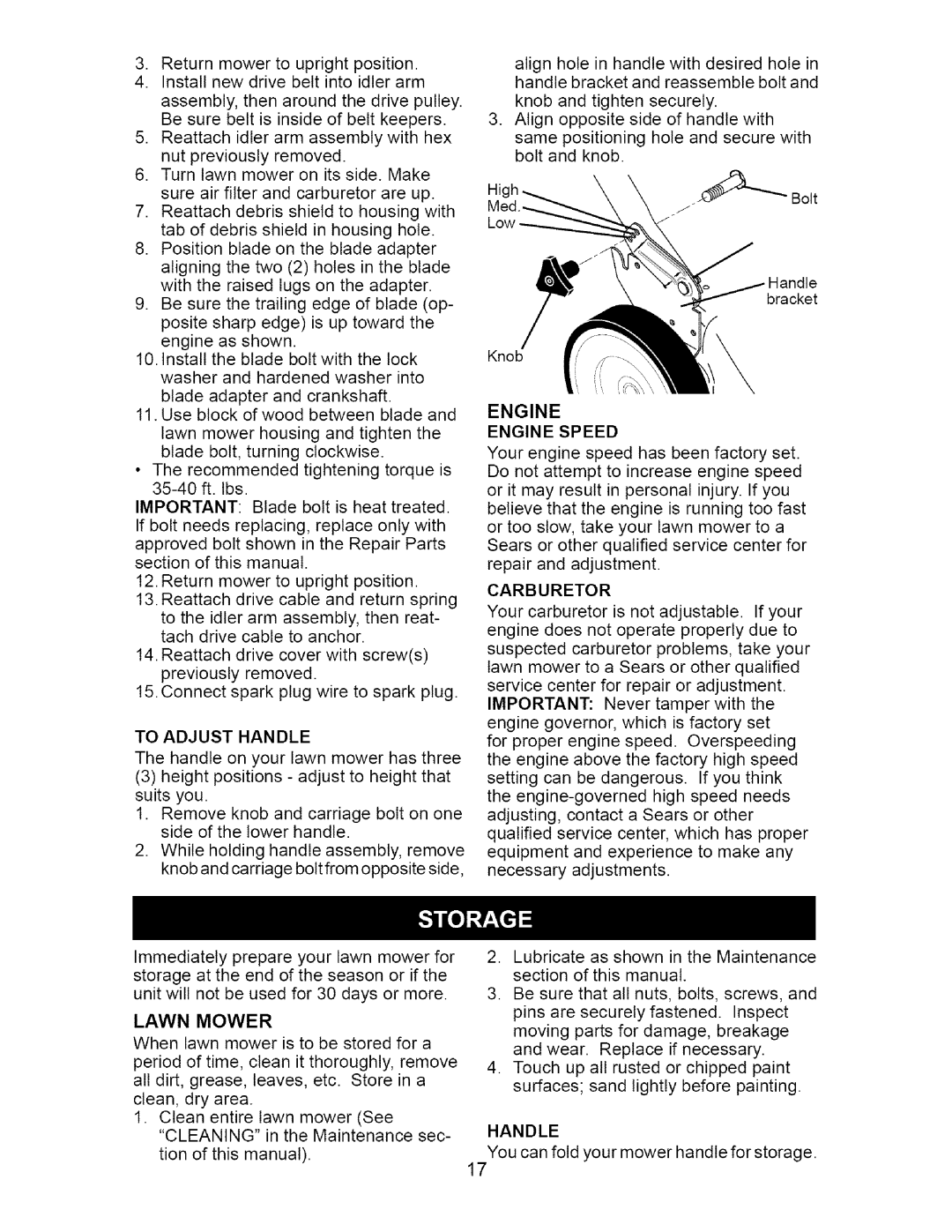 Craftsman 917.37074 manual To Adjust Handle, Engine Engine Speed, Carburetor 