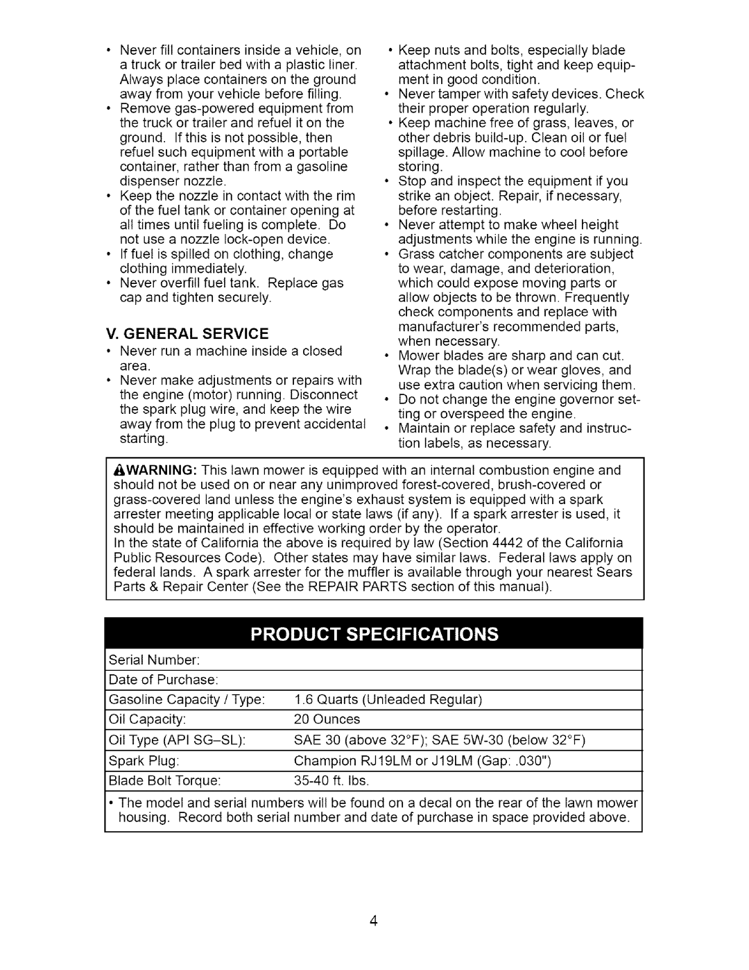 Craftsman 917.37074 manual General Service, Api Sg-Sl Sae 