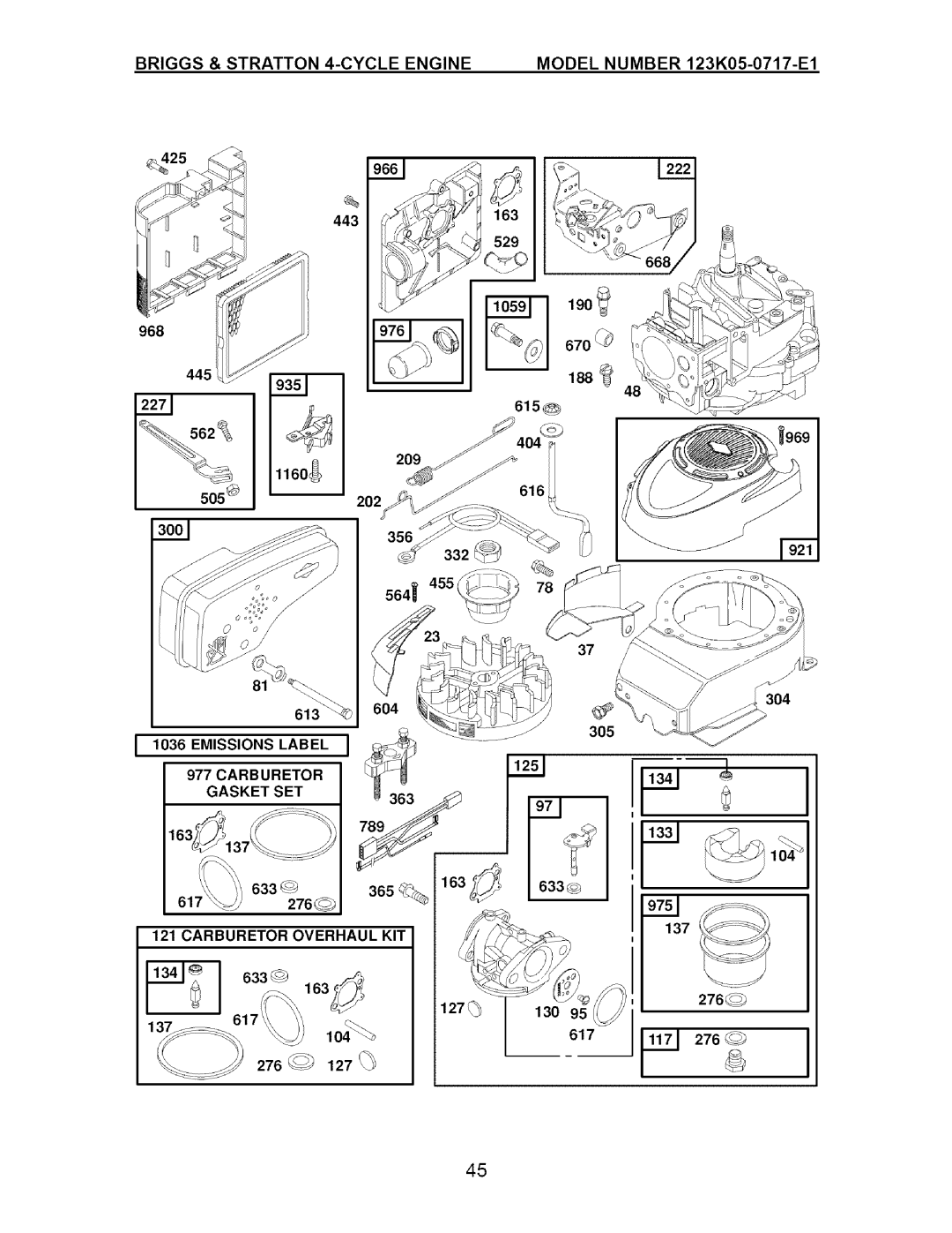 Craftsman 917.37074 manual Emissions Label Carburetor Gasket SET, Carburetor Overhaul KIT 