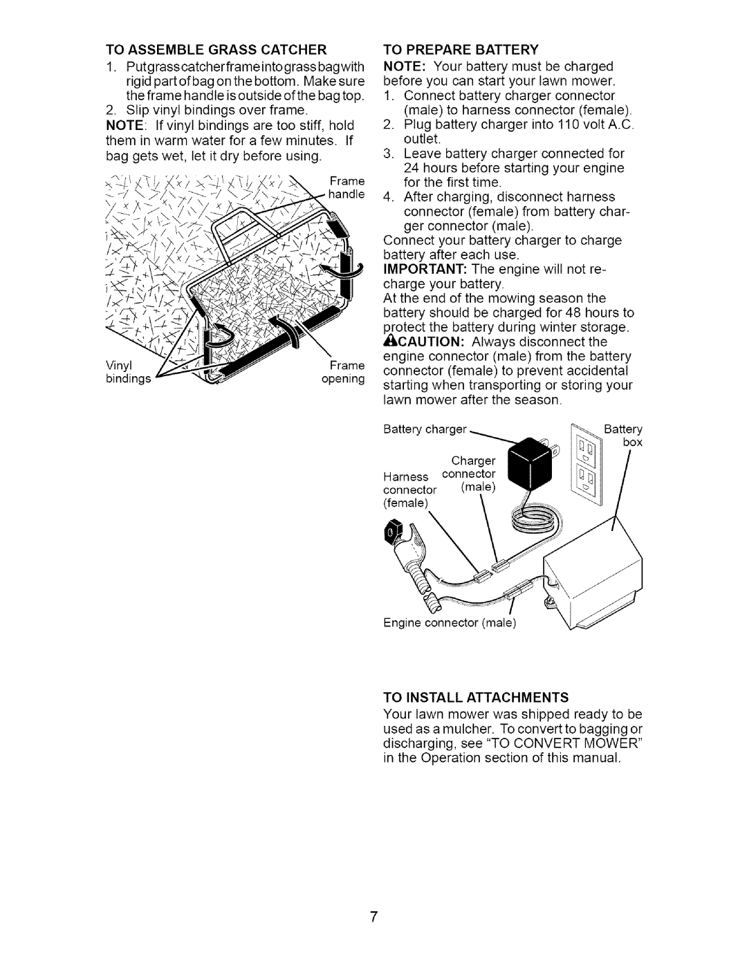 Craftsman 917.37074 manual To Assemble Grass Catcher, To Prepare Battery, To Install Attachments 