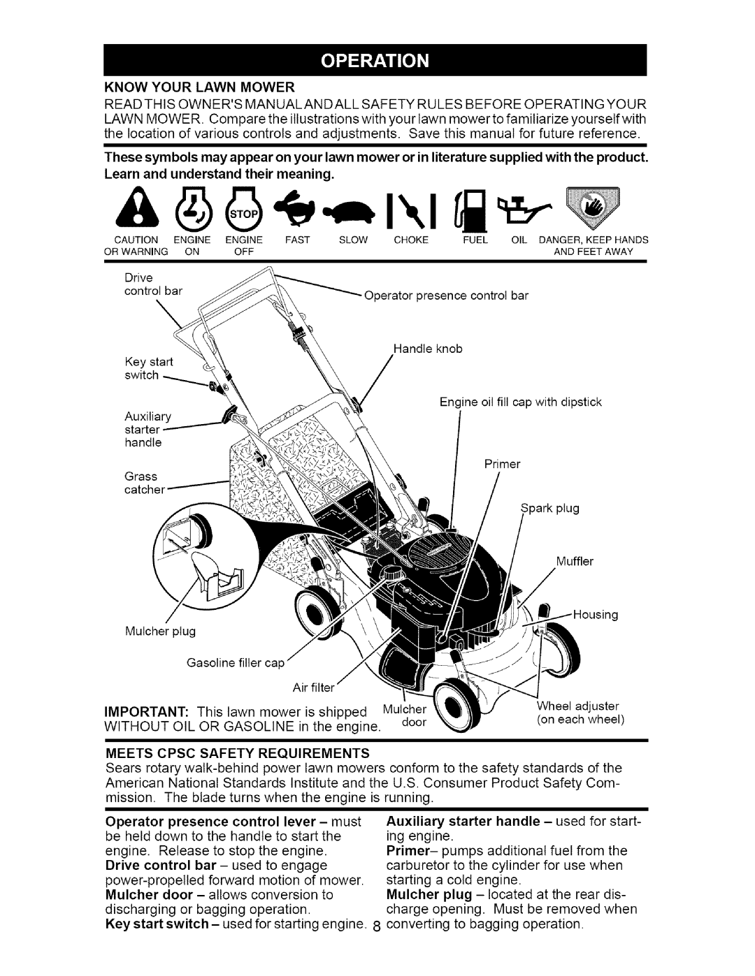 Craftsman 917.37074 manual Know Your Lawn Mower, Meets Cpsc Safety Requirements, Operator Presence Control Lever, Mulcher 