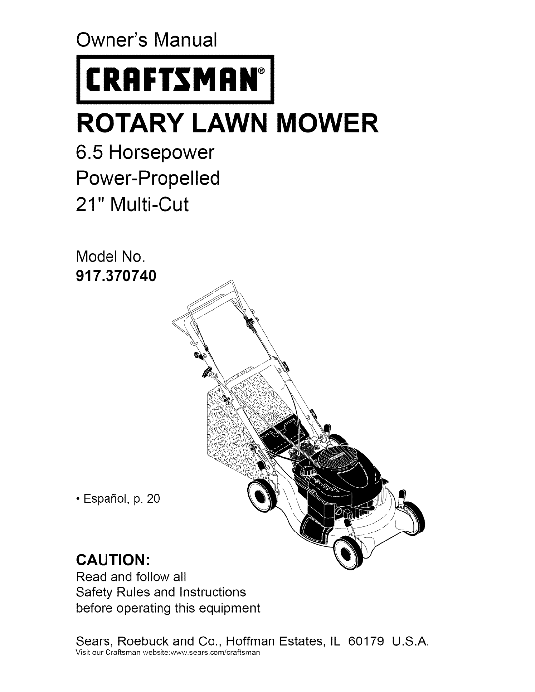 Craftsman manual Model No, 917.370740, CRnFTSMFIN, Rotary Lawn Mower, Horsepower, Owners Manual 