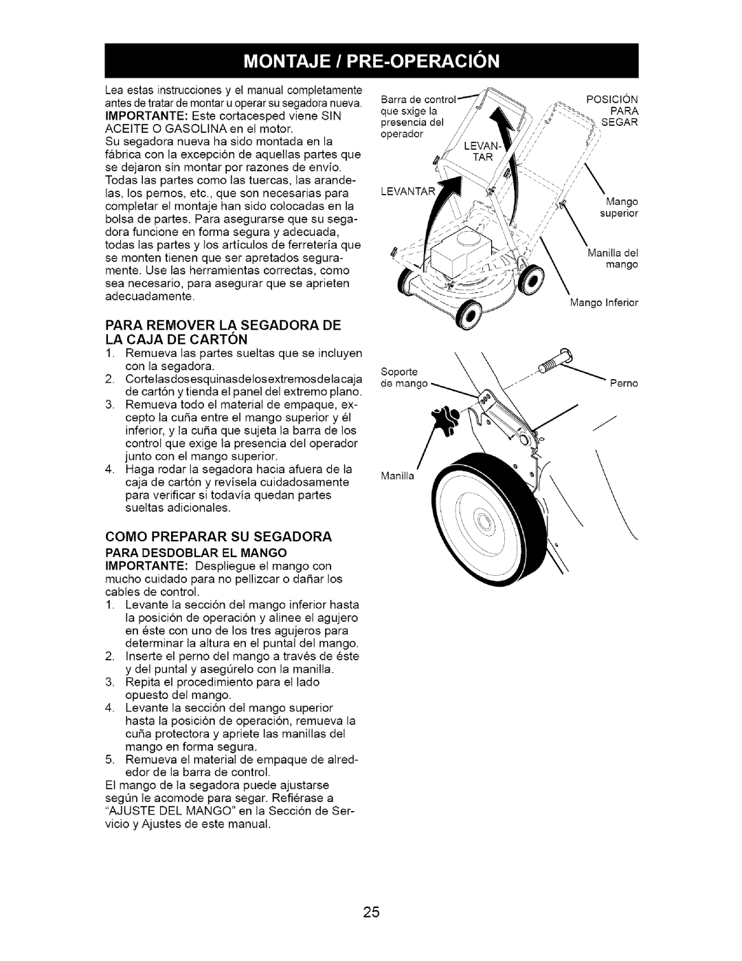 Craftsman 917.37074 manual Para Remover La Segadora De La Caja De Carton, Como Preparar Su Segadora Para Desdoblar El Mango 