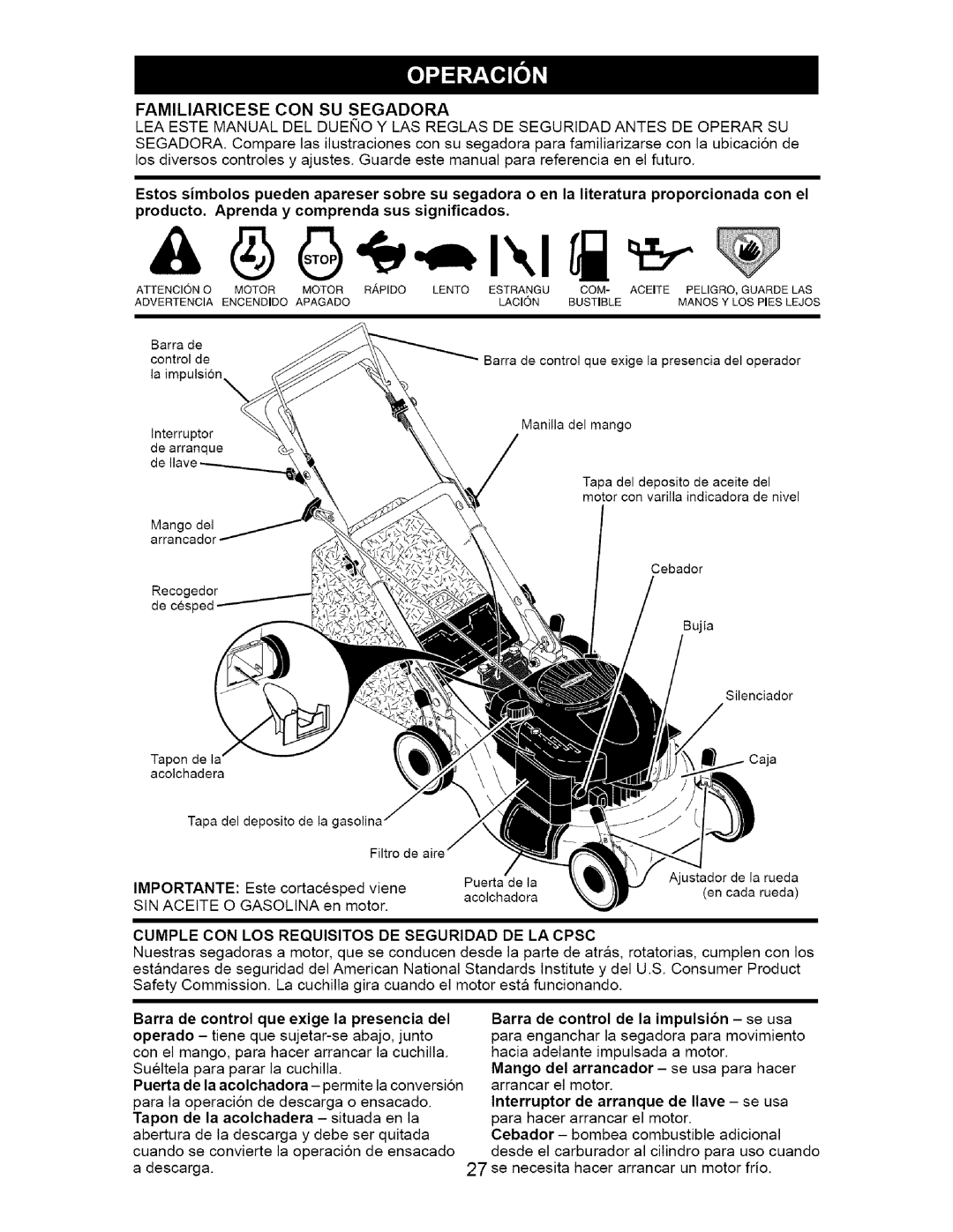 Craftsman 917.37074 manual Cumple Con Los Requisitos De Seguridad De La Cpsc, Barra de control de la impulsi6n - se usa 