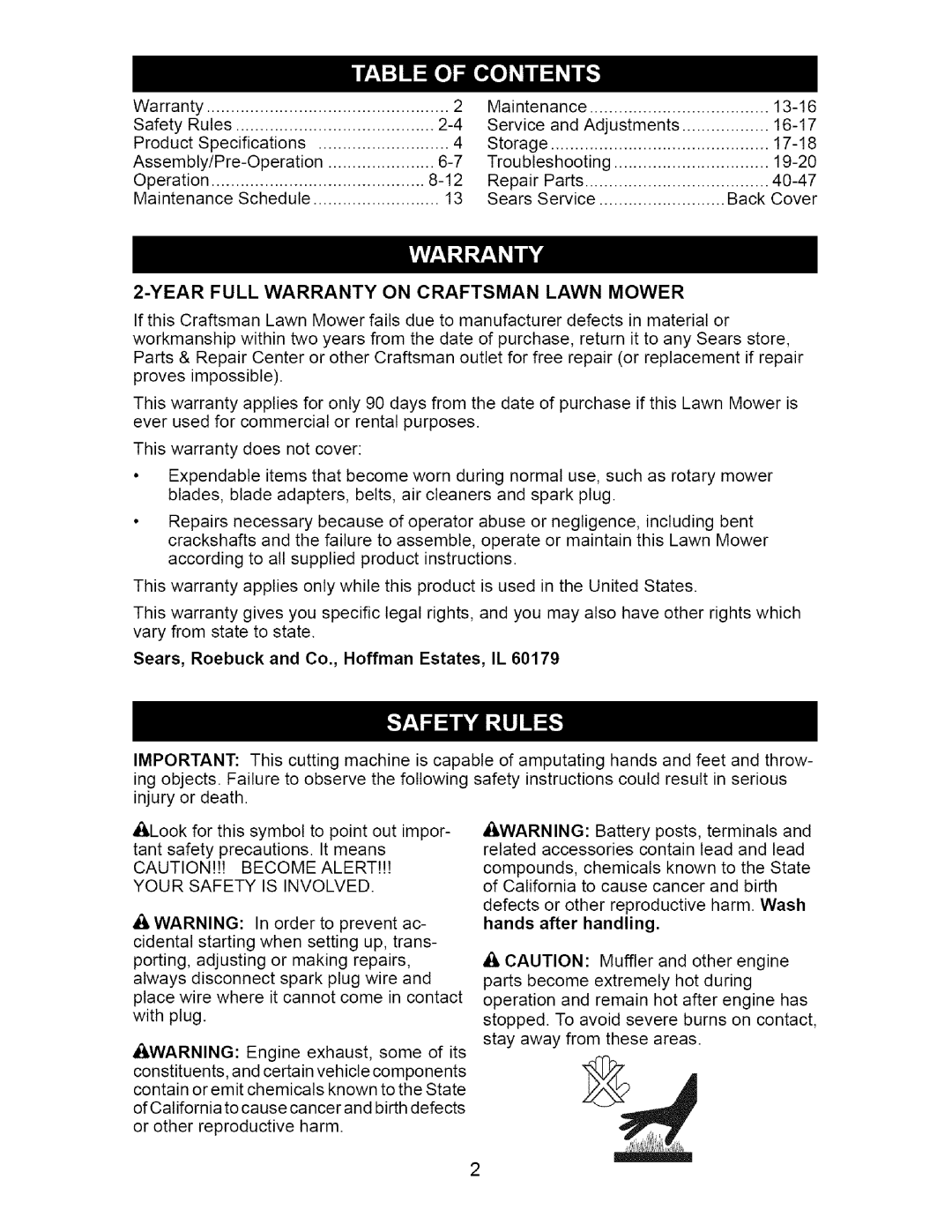 Craftsman 917.370741 owner manual Year Full Warranty on Craftsman Lawn Mower, Sears, Roebuck and Co., Hoffman Estates, IL 