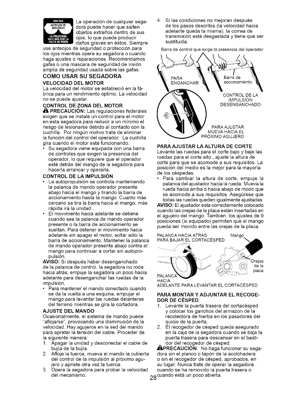 Craftsman 917.370741 owner manual Como Usarsu Segadora Velocidad DEL Motor, Control DE LA Impulsion, Ajuste DEL Mando 