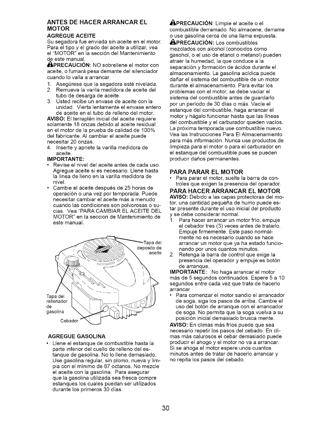 Craftsman 917.370741 Antes DE Hacer Arrancar EL, Motor Agregue Aceite, Importante, Agregue Gasolina, Para Parar EL Motor 