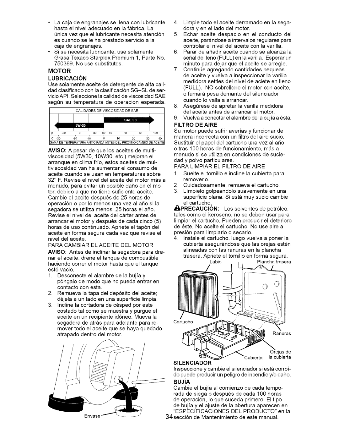 Craftsman 917.370741 owner manual Filtro DE Aire, Para Cambiar EL Aceite DEL Motor, Bujja 