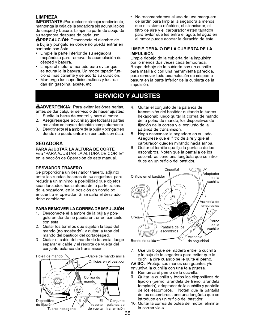 Craftsman 917.370741 owner manual Limpieza, Segadora Para Ajustar LA Altura DE Corte, Para Remover LA Correa DE Impulsion 