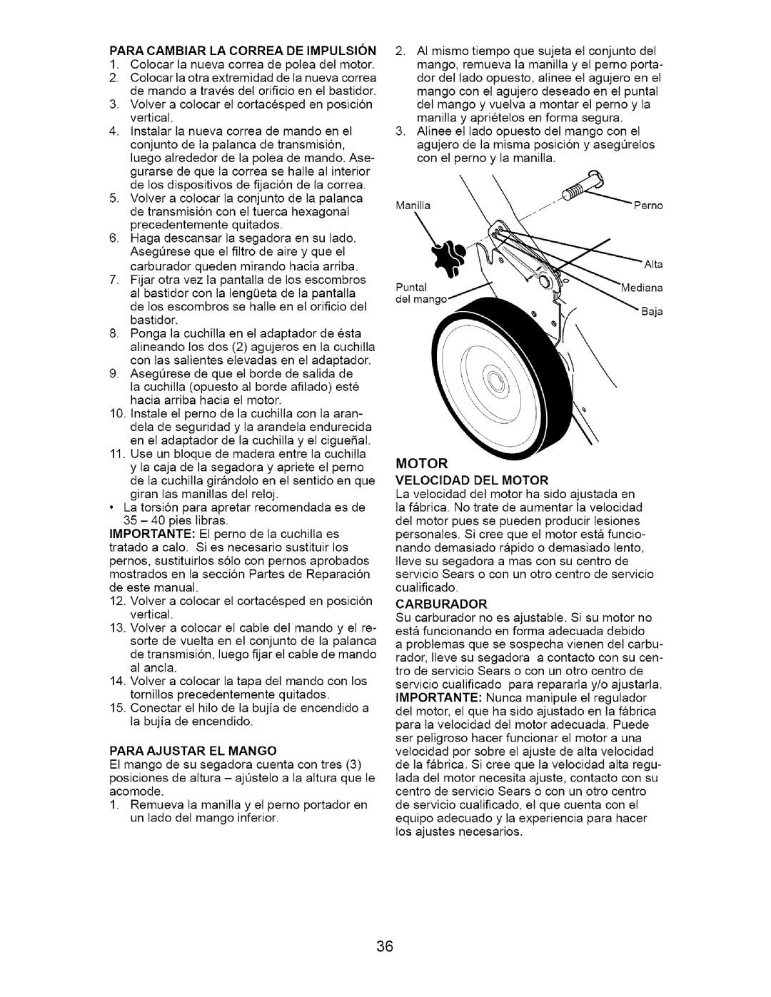 Craftsman 917.370741 owner manual Paracambiarlacorreadeimpulsion, Para Ajustar EL Mango, Motor Velocidad DEL Motor 