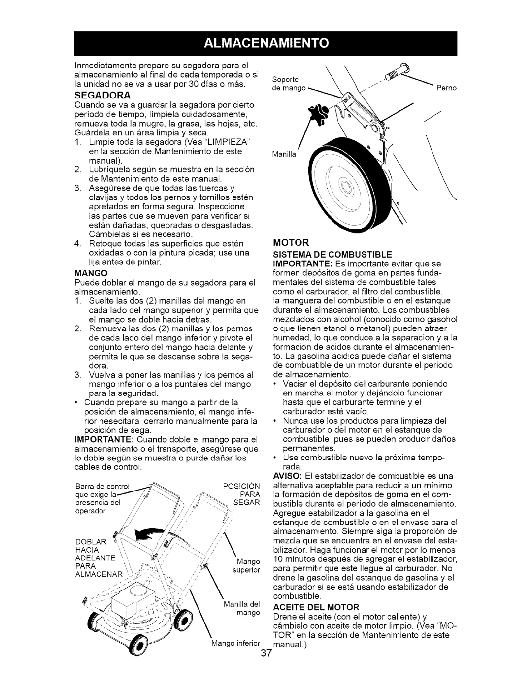 Craftsman 917.370741 owner manual Segadora, Mango, Motor Sistema DE Combustible, Aceite DEL Motor 