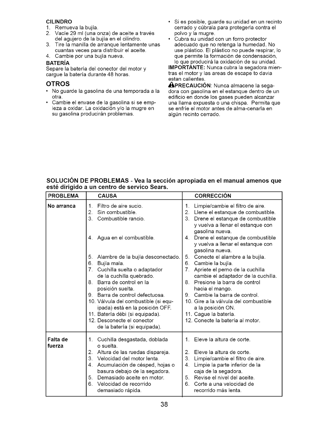 Craftsman 917.370741 owner manual Problema, Causa, Correccion, No arranca 