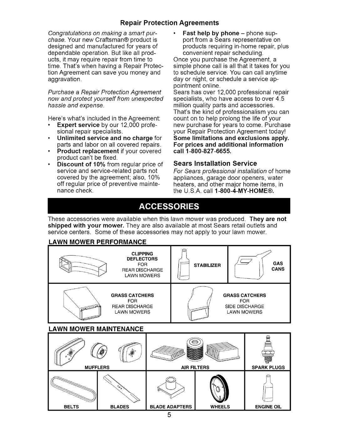 Craftsman 917.370741 owner manual Repair Protection Agreements, Sears Installation Service 