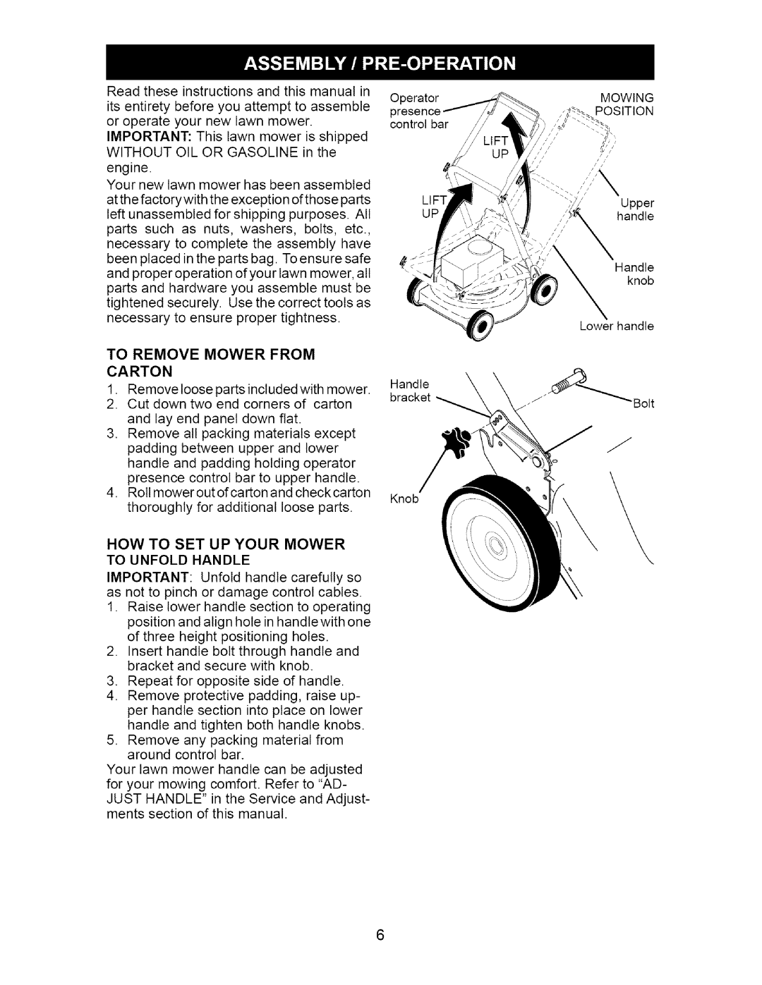 Craftsman 917.370741 owner manual Remove, Mower From, Mowing Position, Carton, HOW to SET UP Your Mower To Unfold Handle 