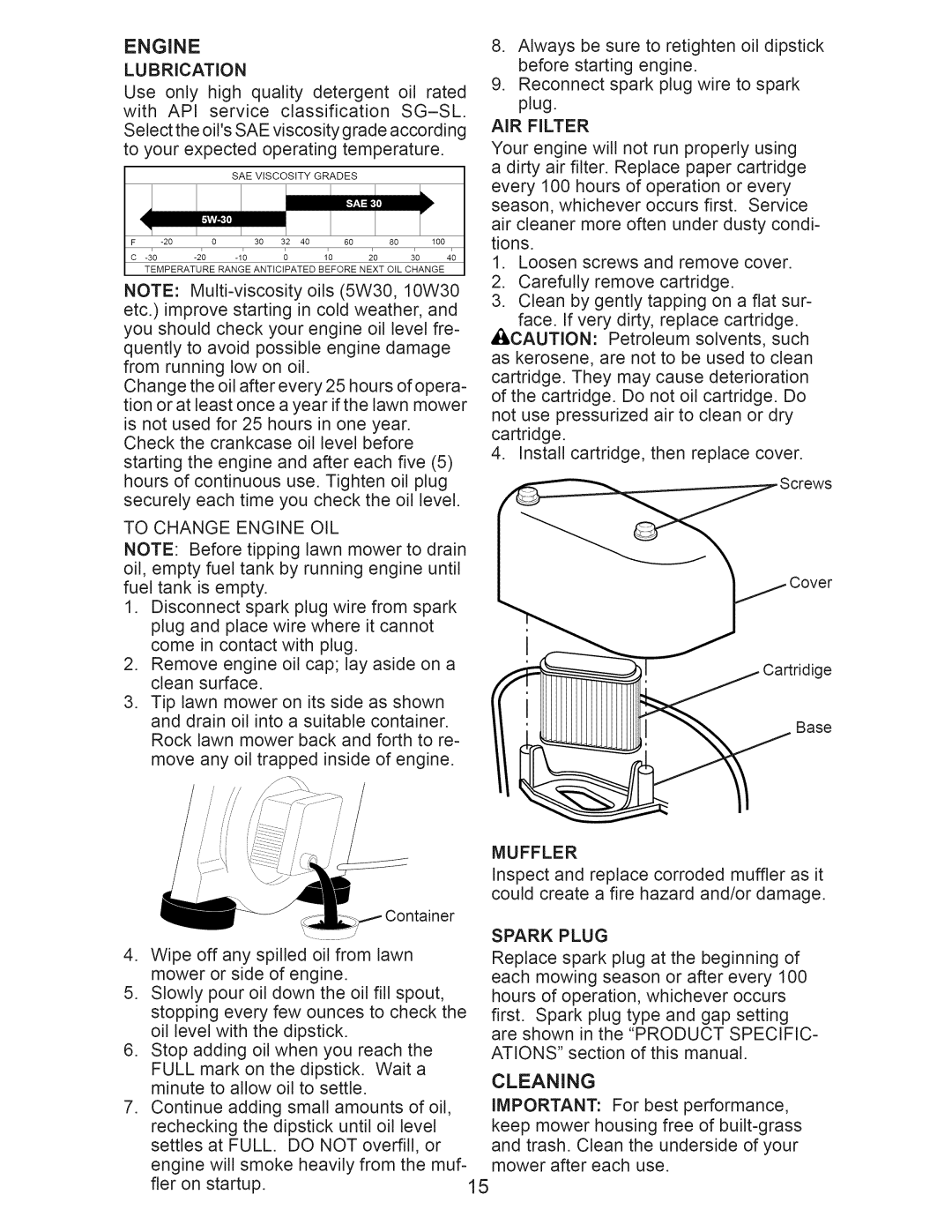 Craftsman 917.371030 owner manual To Change Engine OIL, AIR Filter, Muffler, Cleaning 