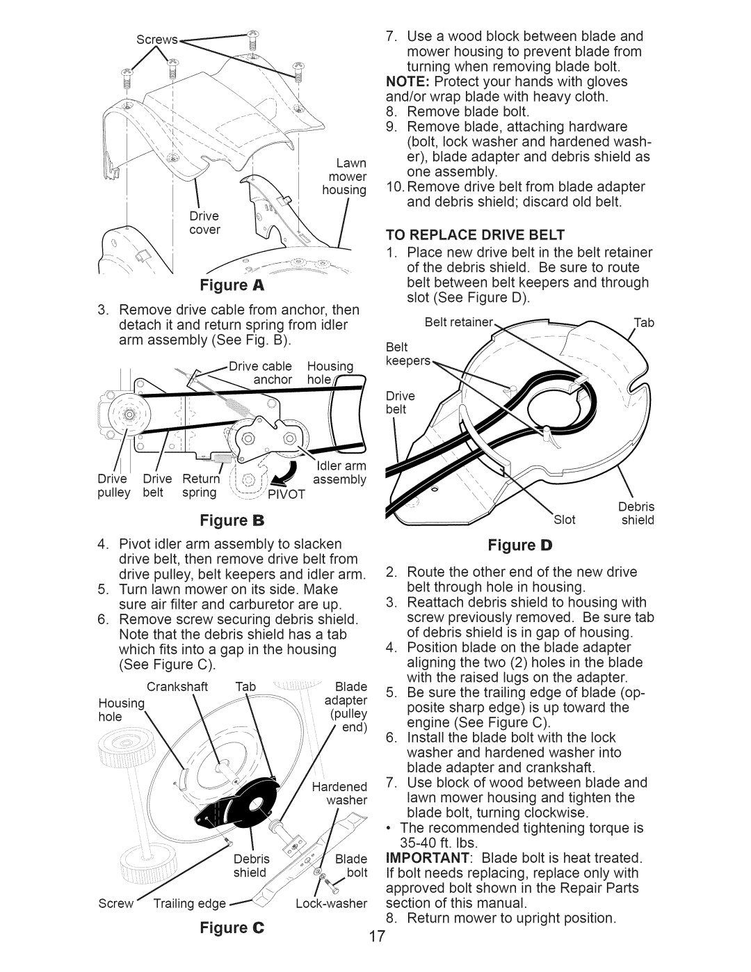 Craftsman 917.371030 owner manual To Replace Drive Belt, Drive Cable Housing Anchor Holeff--3 