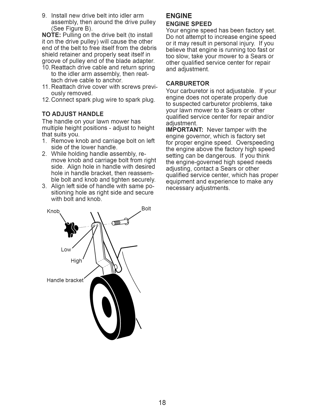 Craftsman 917.371030 owner manual To Adjust Handle, Carburetor 