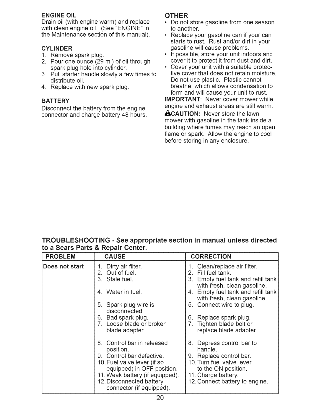 Craftsman 917.371030 owner manual Engine OIL, Cylinder, Battery, Other 