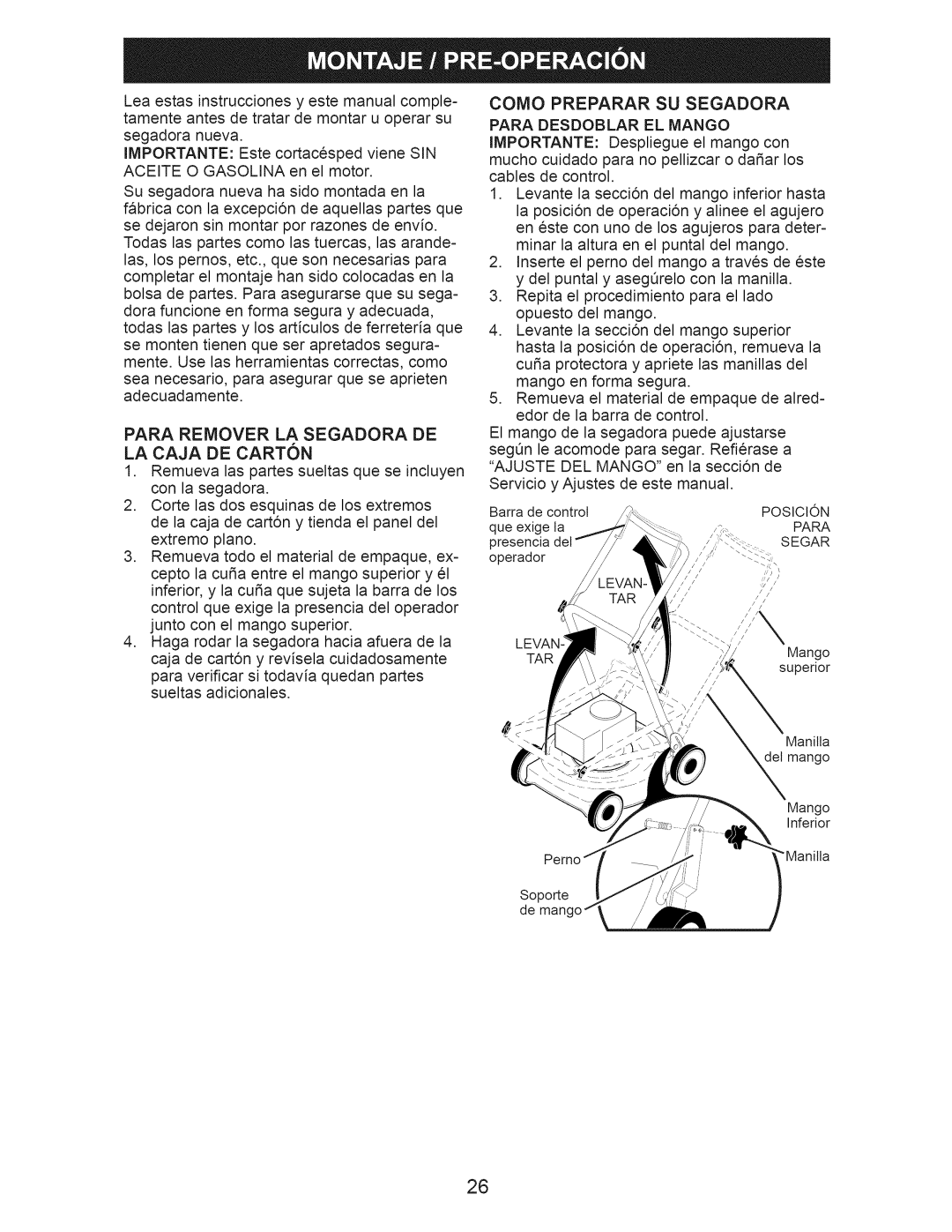 Craftsman 917.371030 owner manual Como Preparar SU Segadora, Para Remover LA Segadora DE LA Caja DE Carton, Posicion, Segar 