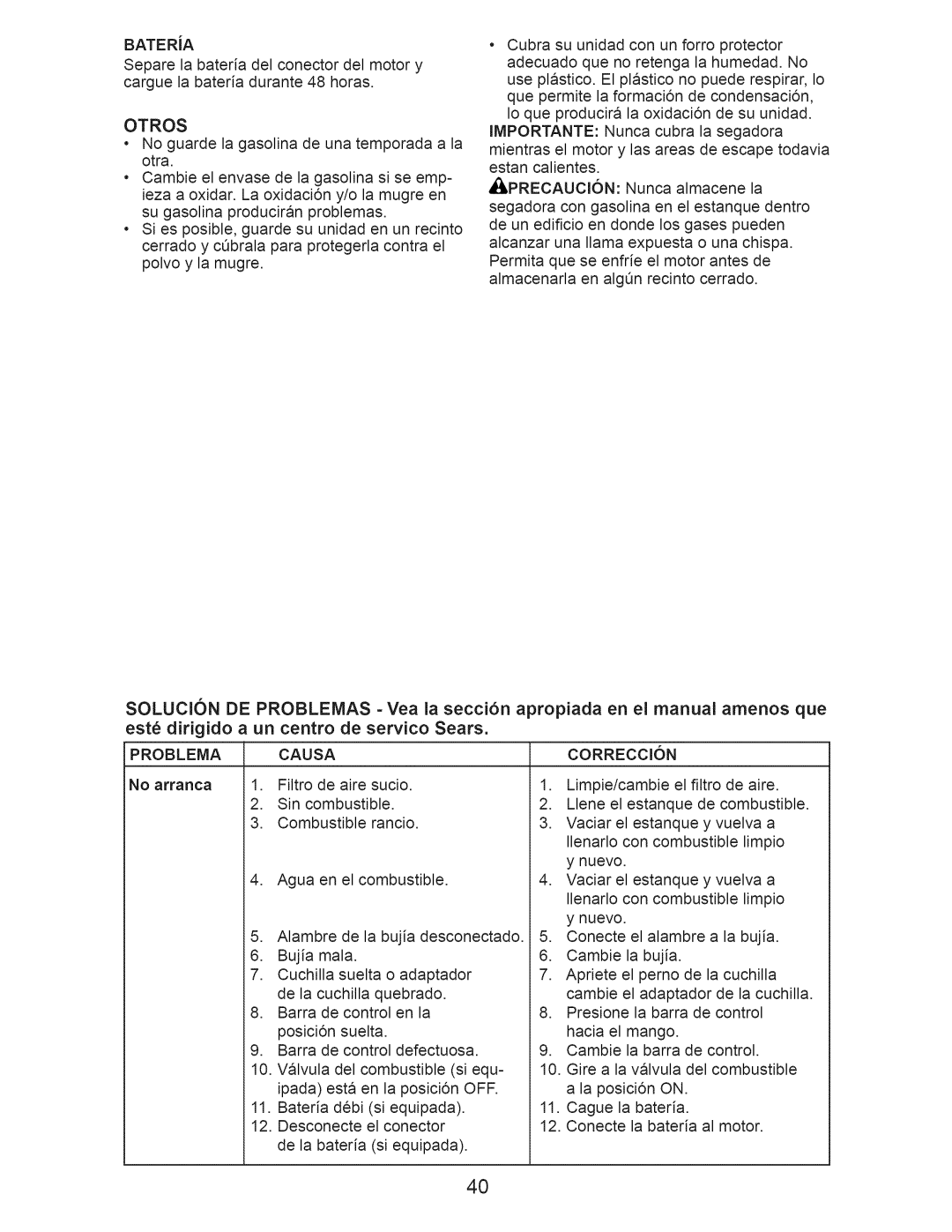 Craftsman 917.371030 owner manual Otros, Problema Causa 