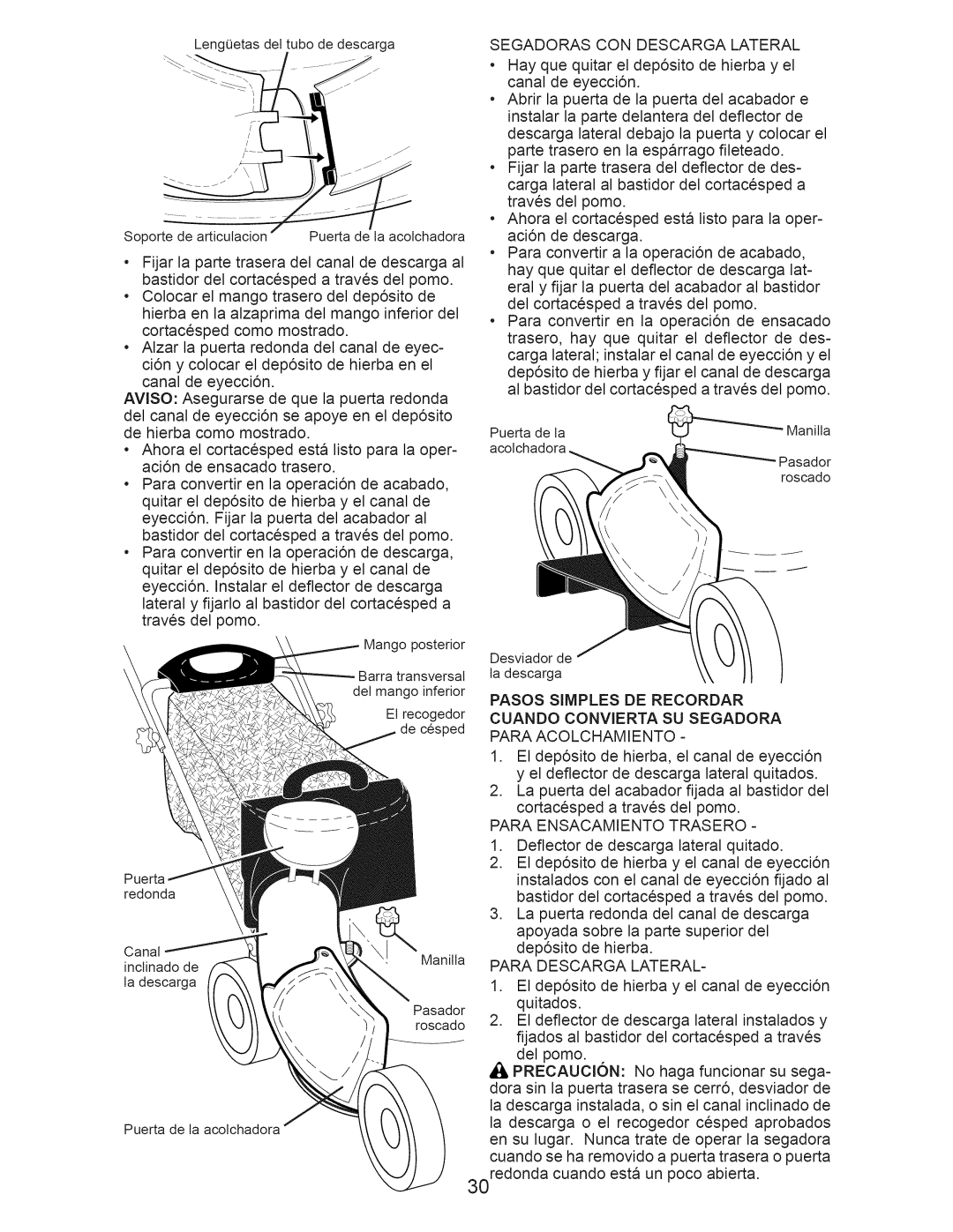 Craftsman 917.371031 owner manual Segadoras CON Descarga Lateral, Para Ensacamiento Trasero, Para Descarga Lateral 