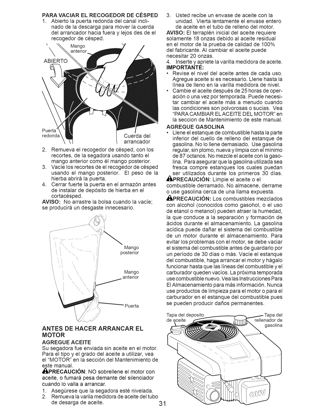 Craftsman 917.371031 owner manual Antes DE Hacer Arrancar EL Motor, Importante 