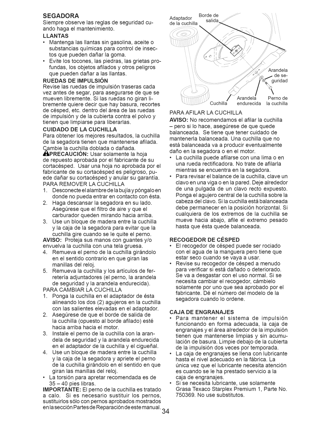 Craftsman 917.371031 owner manual Segadora 