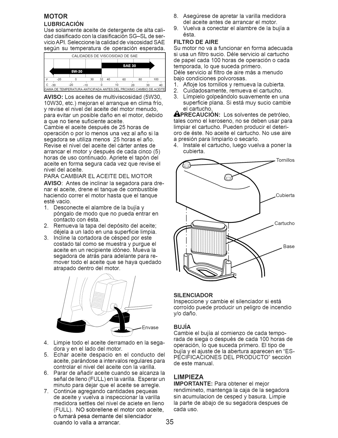 Craftsman 917.371031 owner manual Limpieza, Motor LUBRICACI6N, Para Cambiar EL Aceite DEL Motor, Filtro DE Aire 