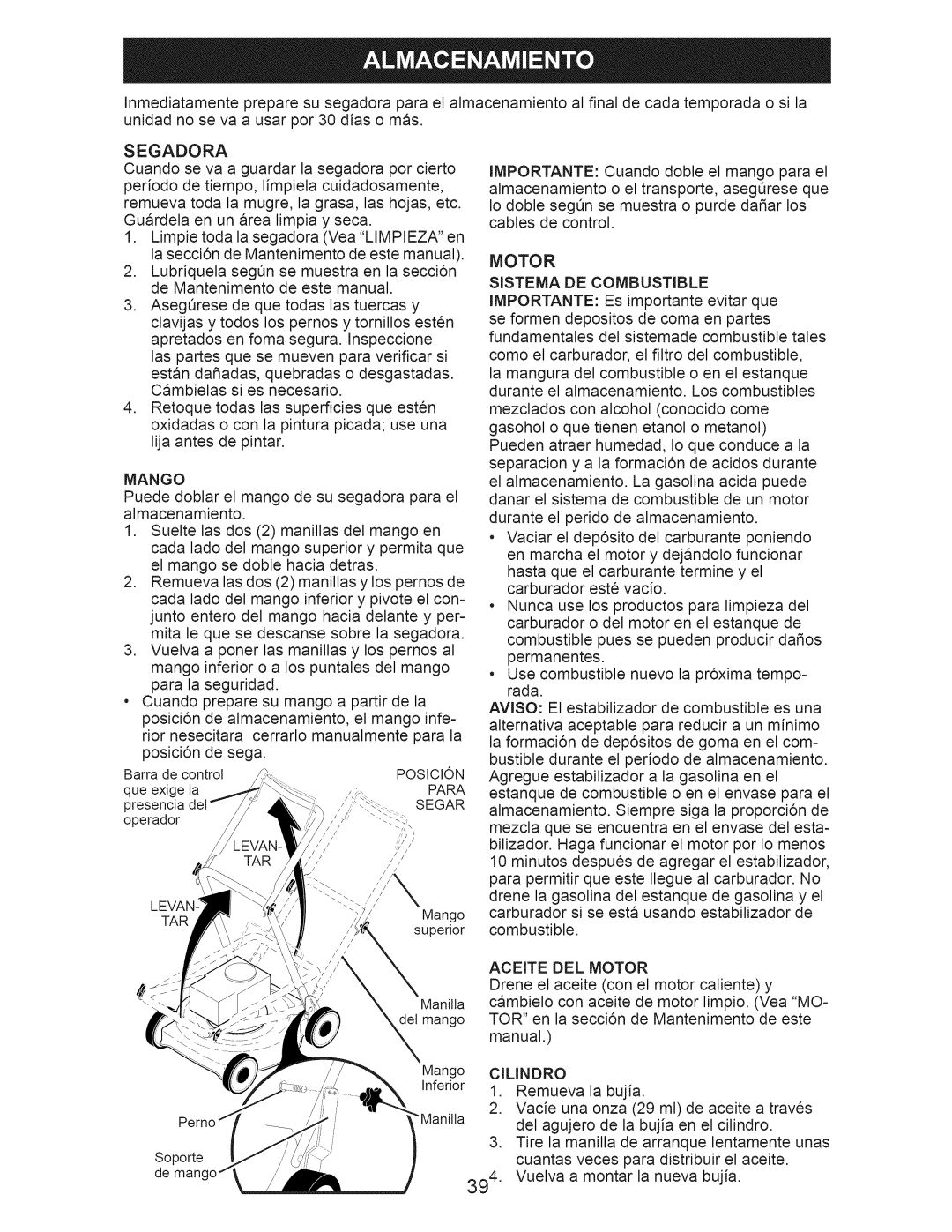 Craftsman 917.371031 owner manual Mango, Aceite DEL Motor, Cilindro 