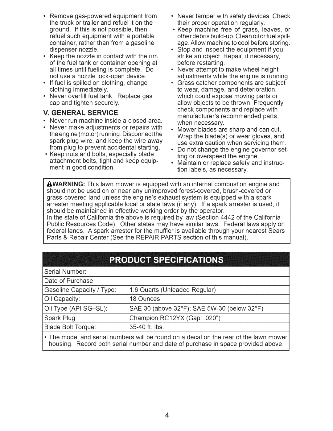 Craftsman 917.371031 owner manual General Service, RC12YX 