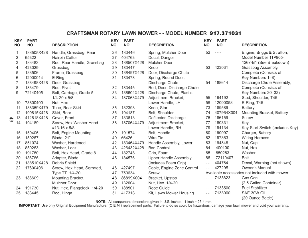 Craftsman 917.371031 owner manual KEY Part NO. no, Key, SAE 30W 