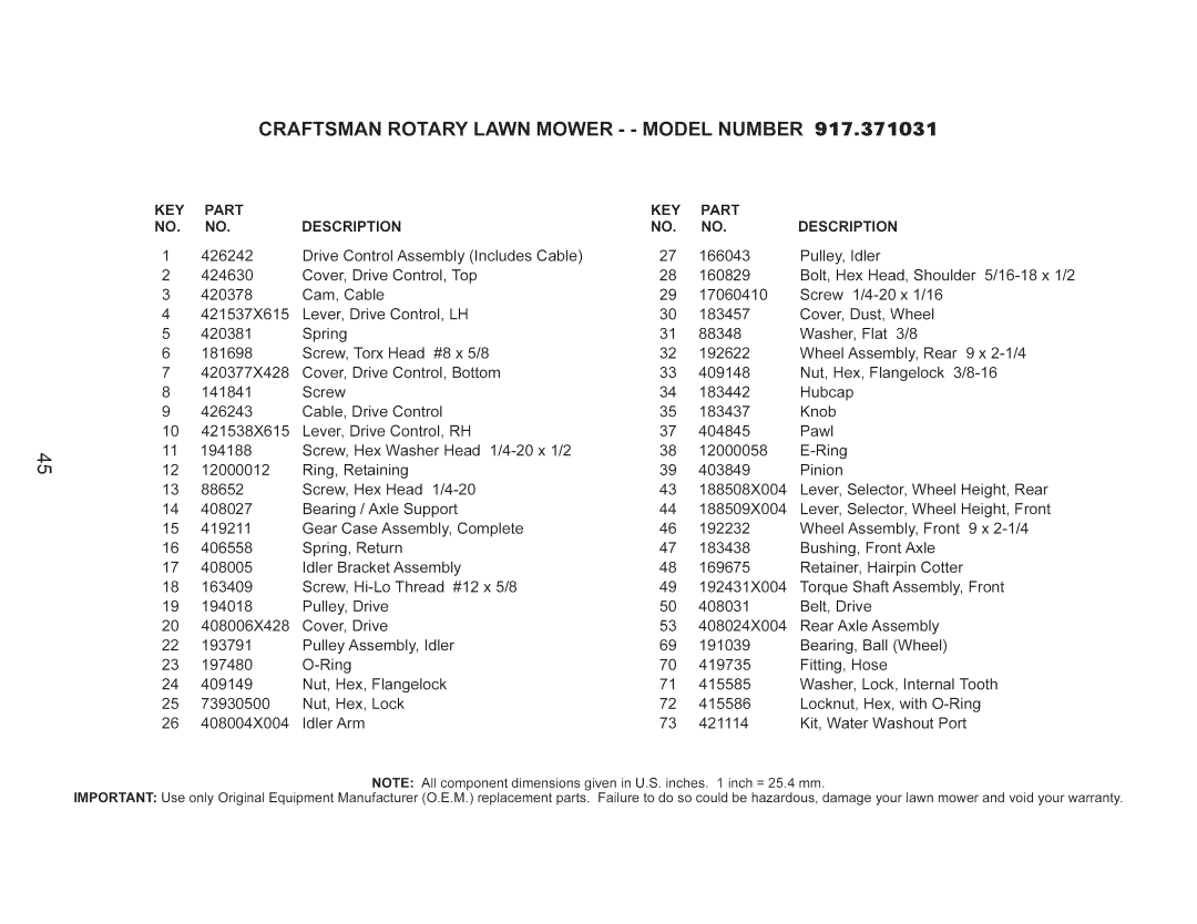 Craftsman 917.371031 owner manual Craftsman Rotary Lawn MOWER- Model Number 917o371031, KEY Part Description 