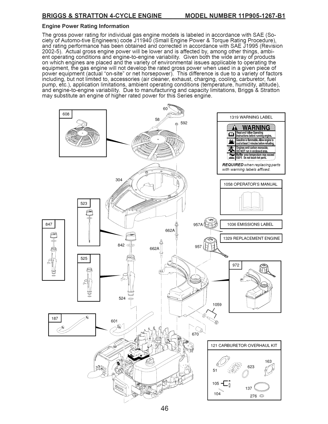 Craftsman 917.371031 owner manual Briggs & Stratton 4-CYCLE Engine, Model Number 11Pg05-1267=B1 