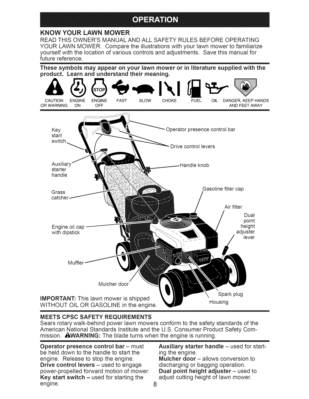 Craftsman 917.371031 owner manual Know Your Lawn Mower, Meets Cpsc Safety Requirements, Without OIL or Gasoline 