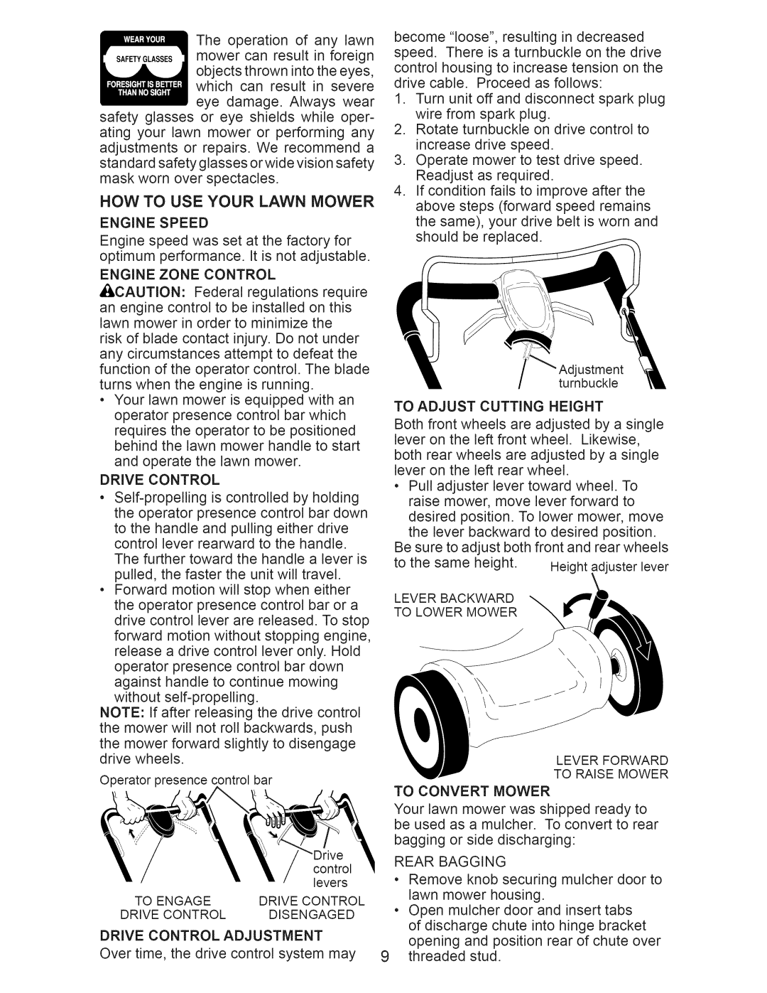 Craftsman 917.371031 Engine Speed, Engine Zone Control, Drive Control, To Adjust Cutting Height, To Convert Mower 