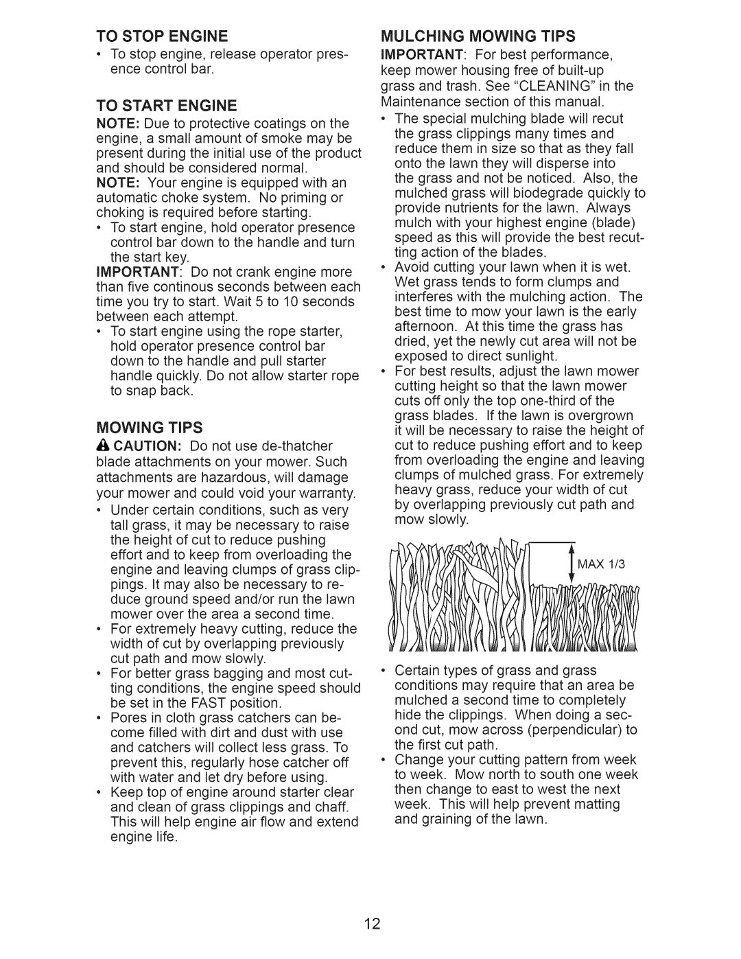 Craftsman 917.371032 owner manual To Stop Engine, To Start Engine, Mowing Tips 