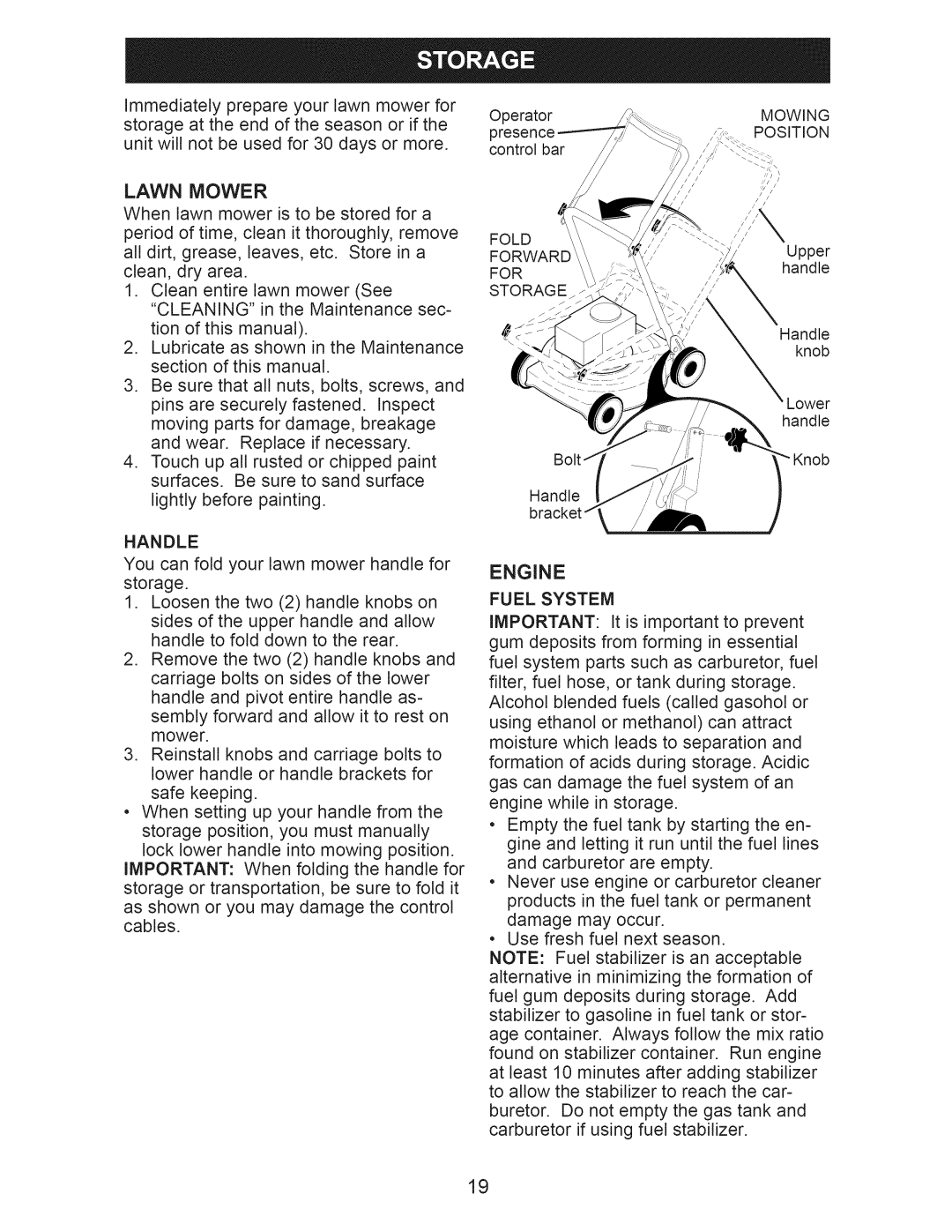 Craftsman 917.371032 owner manual Handle, Fuel System, Fold, Storage 