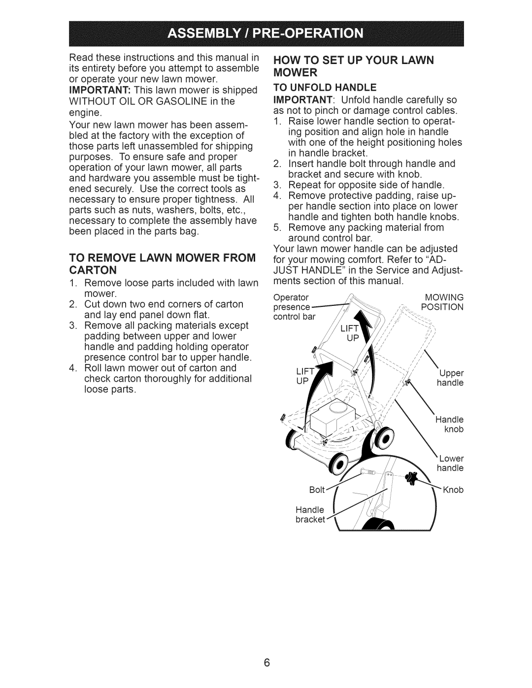 Craftsman 917.371032 owner manual To Remove Lawn Mower from Carton, To Unfold Handle 