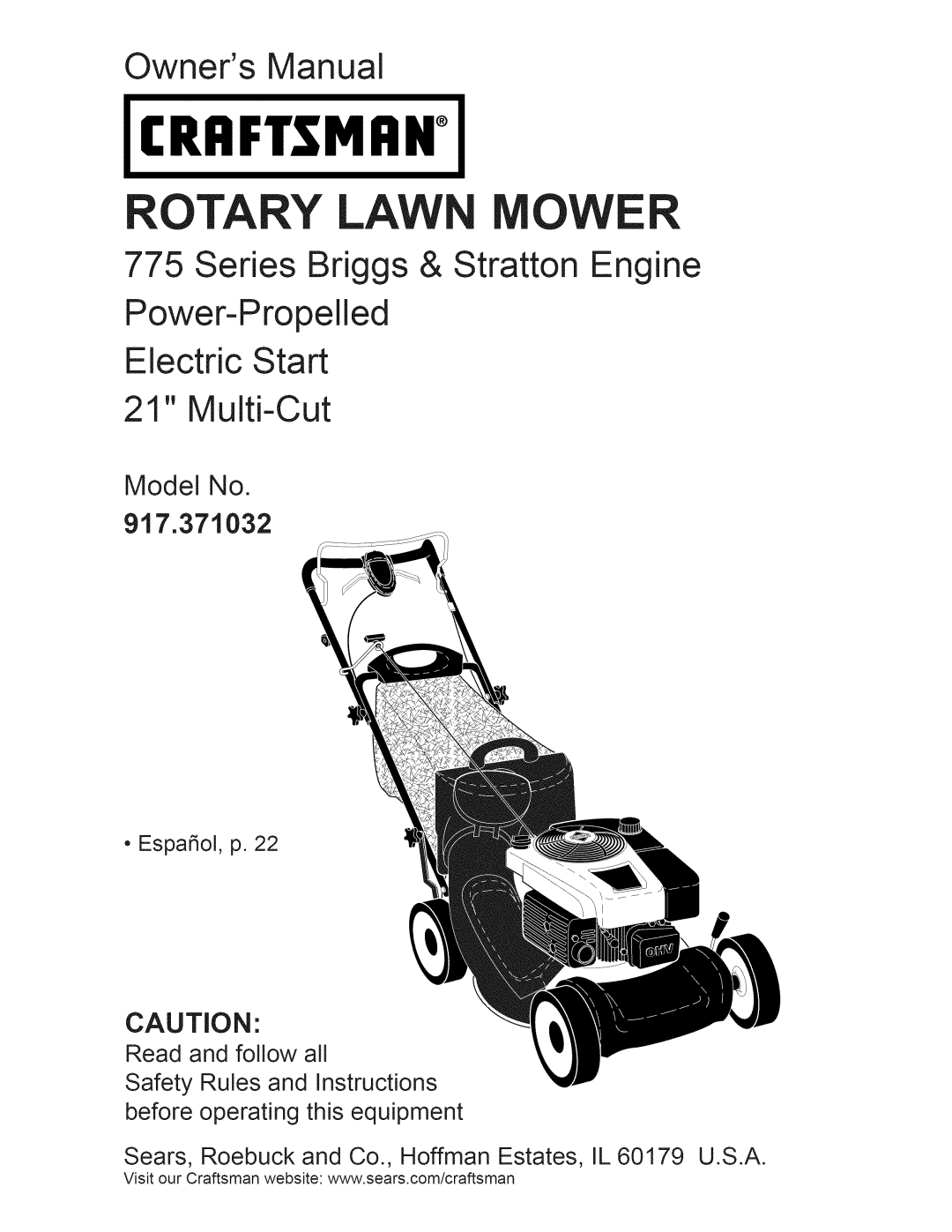 Craftsman 917.371032 owner manual Craftsman, Rotary Lawn Mower, Owners Manual, Series Briggs & Stratton Engine 