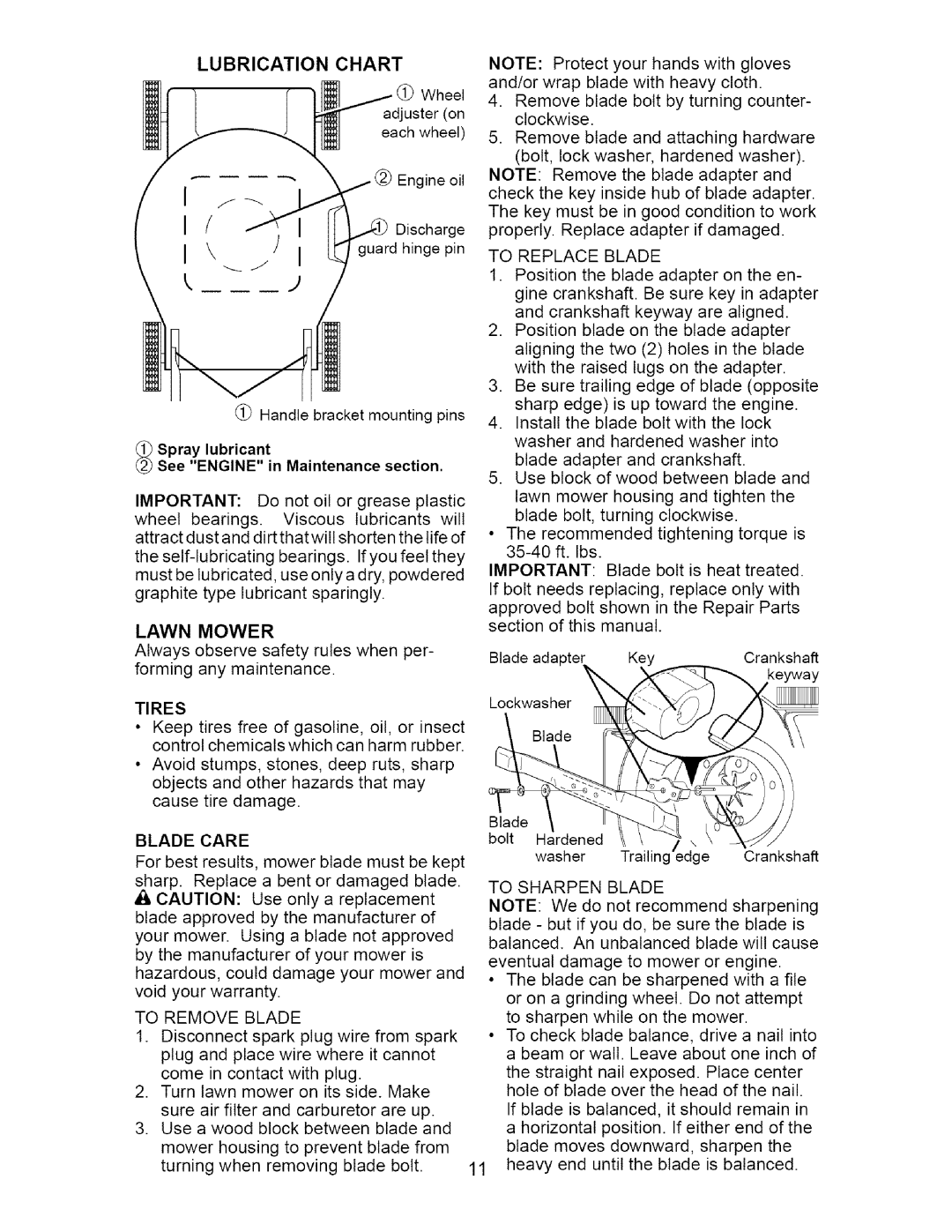 Craftsman 917.37134 owner manual Lubrication Chart, Tires 