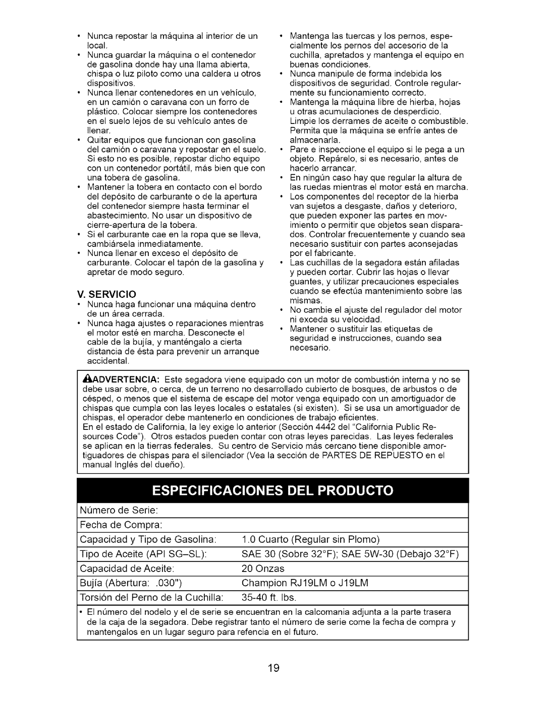 Craftsman 917.37134 owner manual Servicio, Sae, RJ 19LM 