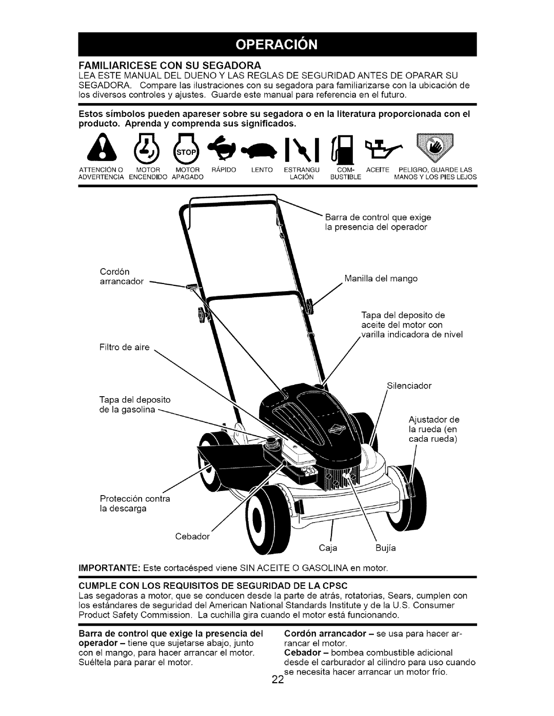 Craftsman 917.37134 owner manual Familiaricese CON SU Segadora, Cumple CON LOS Requisitos DE Seguridad DE LA Cpsc 